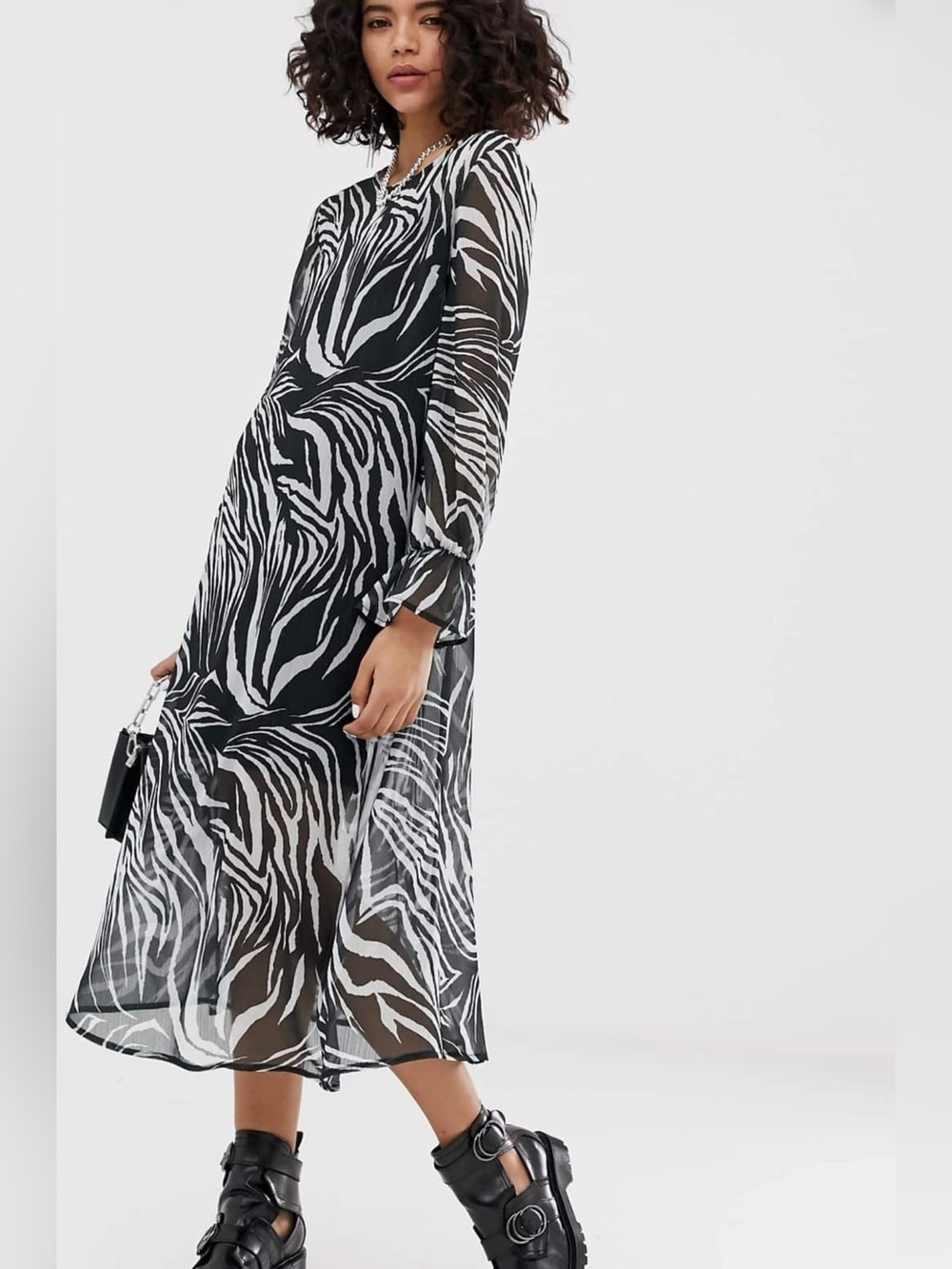 Black & White Zebra Print Sheer Long Sleeve Dress